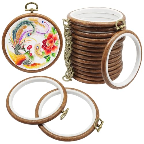 Image of Bonsicoky 15 Pack Round Embroidery Hoops, 4 Inch | Wood Look Decorative, PVC Imitated Wood, Vintage Frames, For Hand Embroidery & Cross Stitch Projects