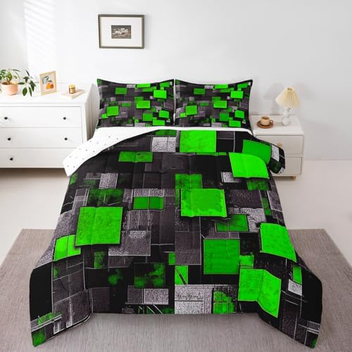 Image of Feelyou Twin Size Geometric Grid Comforter Set Green Black Bedding Set Abstract Art Comforter Boys Girls Geometrics Duvet Insert Kids Bedroom Decor 2Pcs