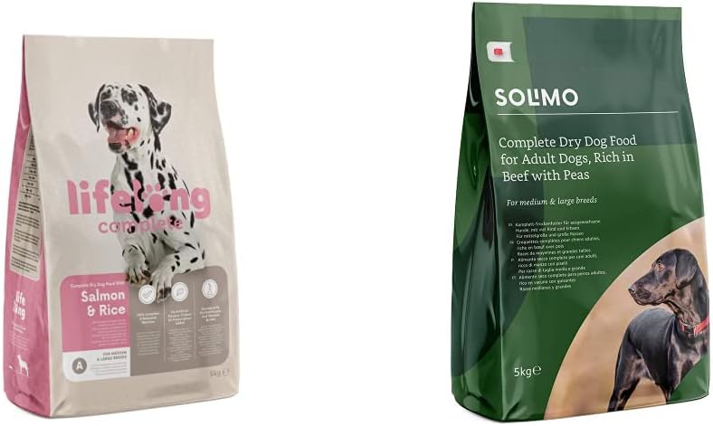 Marca Amazon Lifelong Complete- Alimento seco Completo para Perros Perros Adultos con salmón y arroz + Solimo Alimento seco Completo para Perro Adulto Rico en Vacuno con Guisantes