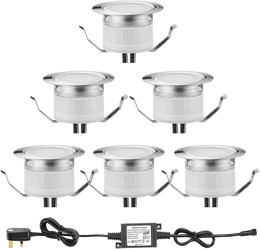 MiniSun Pack of 6 40mm White LED Round IP67 Rated Garden Decking