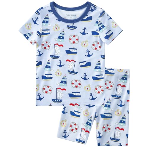 pureborn Toddler Viscose From Bamboo Pajamas Set Pjs - Little Boy Short Sleeve Snug Fit Soft Sleepwear 2pcs Sailing Boat 3T