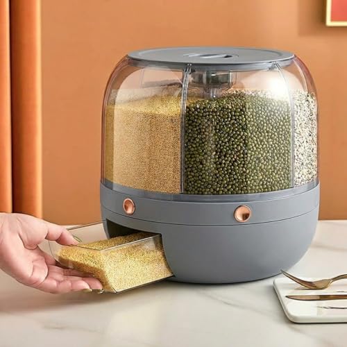 Image of Dravizon 6-Grid Rotating Food Dispenser - Rotating Rice Bucket Rice Storage Tank, Cereal Dispenser,Stackable Food Storage Containers, One-Click Picking (Grey)