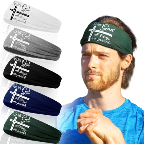 Image of 5 Pcs Christian Athletic Headbands Gifts Cross Headband for Men Women Bible Verse Workout Religious Stretchy Sweat Bands
