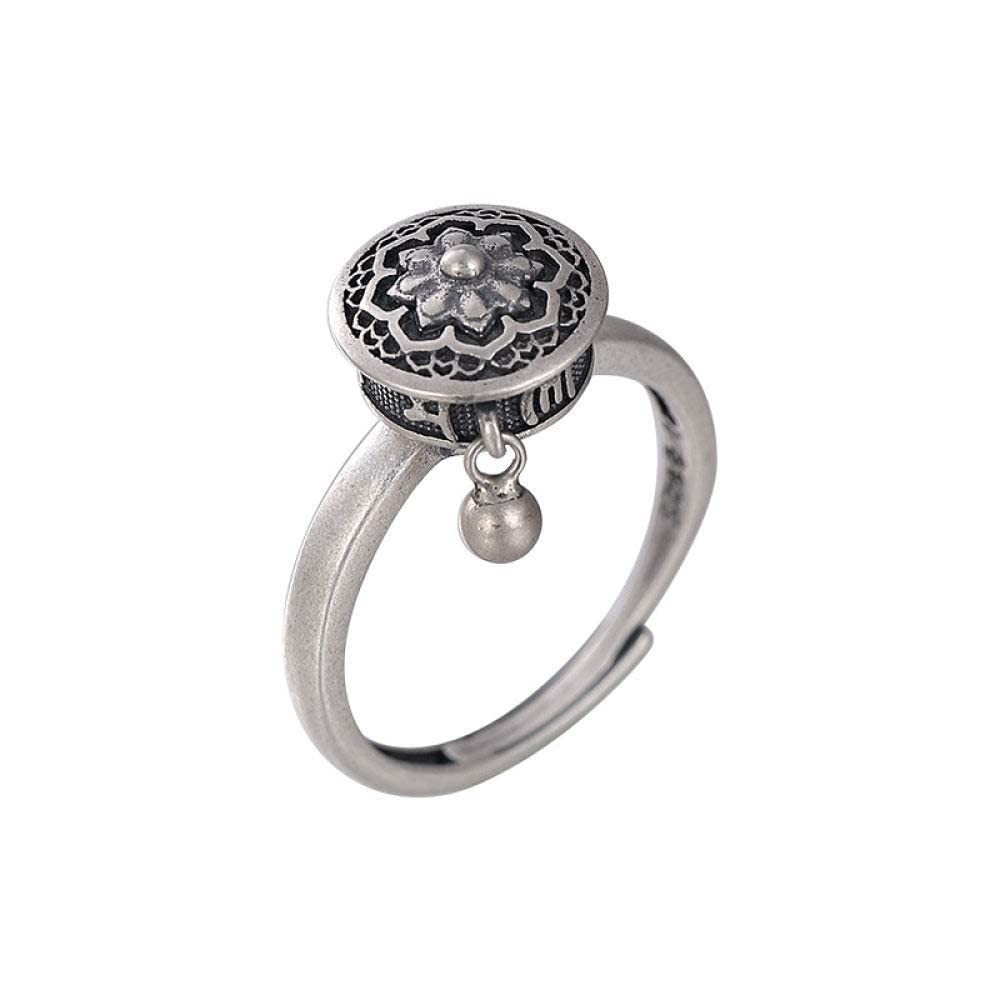 Verstellbarer chinesischer Stil Distressed - S925 Retro mit Charm Joint Ring, Gebetsradring, einzigartig für Sich/Selbst sechs (weißes Sixcharacter Mantra)