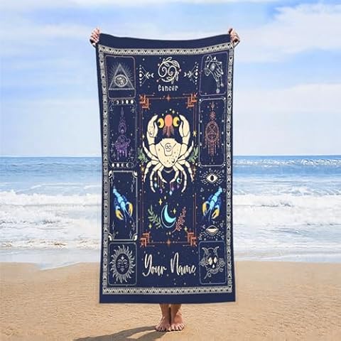 JL-JOYLIVELY Personalized Cancer Beach Towel - Custom Constellation Bath Towel with Name - Microfiber,Absorbent,Breathable,Lightweight - Customized Zodiac Sign Towel for Pool Travel Beach,80x130cm Cover