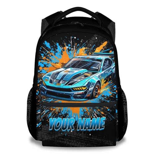 Personalized Backpack for Kids, 17 Inch Cool Car Backpacks for Toddler Boys, Blue Cartoon Race Car Large Capacity Bookbag for Elementary School