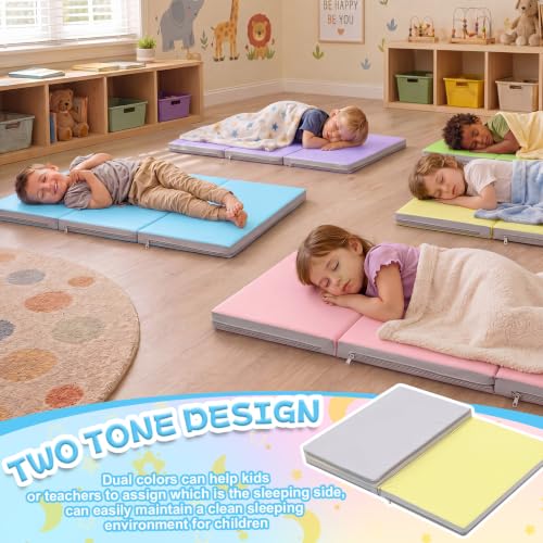 Image of Wesiti 5 Pcs Kids Nap Mats for Preschool Daycare Bulk, Macaron Color | 1.37 inch Thick 3 Section Sleeping Mats for Toddler, Waterproof, Kindergarten Classroom Back to School Supplies, 47 inchL x 24 inch W