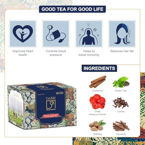 Image of Dabri Hibiscus Green Tea 32 Pyramid Dip Teabags|Pack of 2 x 16 Bags Each|Premium Loose Leaf Blend with Cinnamon, Clove|Natural Hibiscus leaves & Spices|Manage Weight, Hair Regrowth