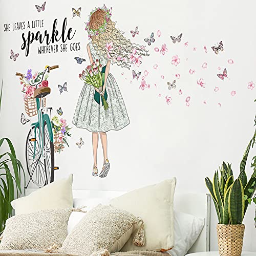 Prabahdak DIY Fairy Girl Bicycle Wall Stickers Flower Butterflies Wall Decals Removable Sparkle Girl Vinyl Wall Art for Girls Baby Nursery Bedroom Living Room