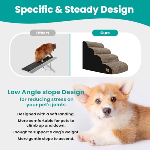 Blunique Dog Stairs for Small Pets, 20.5 in H 4 Step Curved Ramp for High Bed and Couch, Foam With Durable Non-Slip Waterproof Fabric Cover, Pet Stairs for Joints, Brown