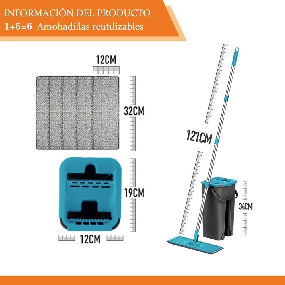 Mopa para Limpiar Azulejos y Paredes Mopa Fregona con Cubo Escurridor Fregona Autoescurrible Mopas de Limpieza Suelos Cepillo Esfregona 6 Almohadillas Microfibra Limpiador y Atrapapolvo Mop (Azul)