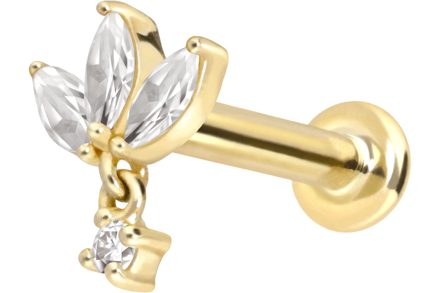 PIERCINGLINE 14 Karat Gold Labret Ohr-Piercing mit Push Fit MOISSANIT-LOTUSBLÜTE 0,16 kt. Farb & Größenauswahl