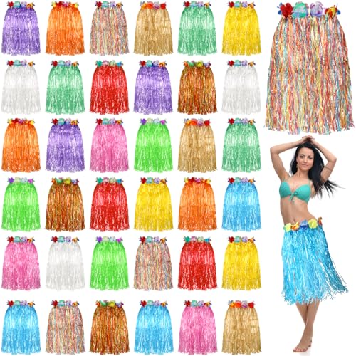 Unittype 36 Pcs Hawaiian Luau Hula Skirts Grass Skirts Elastic Hibiscus Flowers Colorful Luau Party Favors Tropical Decorations for Women Adults Summer Celebrations Party Supplies, 23.6 Inch