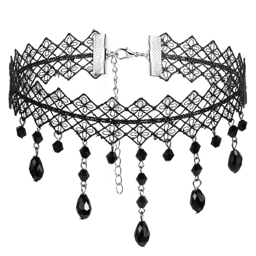 Ouligay Gothic Halskette Schwarz Spitze Choker, Schwarz Gothic Choker Kette für Damen Mädchen Halloween Grunge Halsband, Mittelalter Design, Vintage...