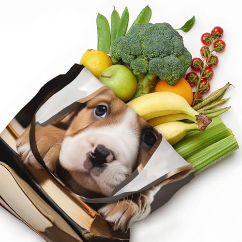 Canvas Tote Bag for Women Shoulder Tote Purse Reusable Grocery Bag Puppy Dog with Book Aesthetic Shopping Bags4