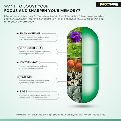 Image of HappyMind Botanicals Memory & Focus Max | Ayurvedic Brain Booster Supplement for students & Adults | Improves memory, concentration, Focus & clarity | Shankhpushpi, Brahmi, Ginkgo | 60 Vegan Tablets