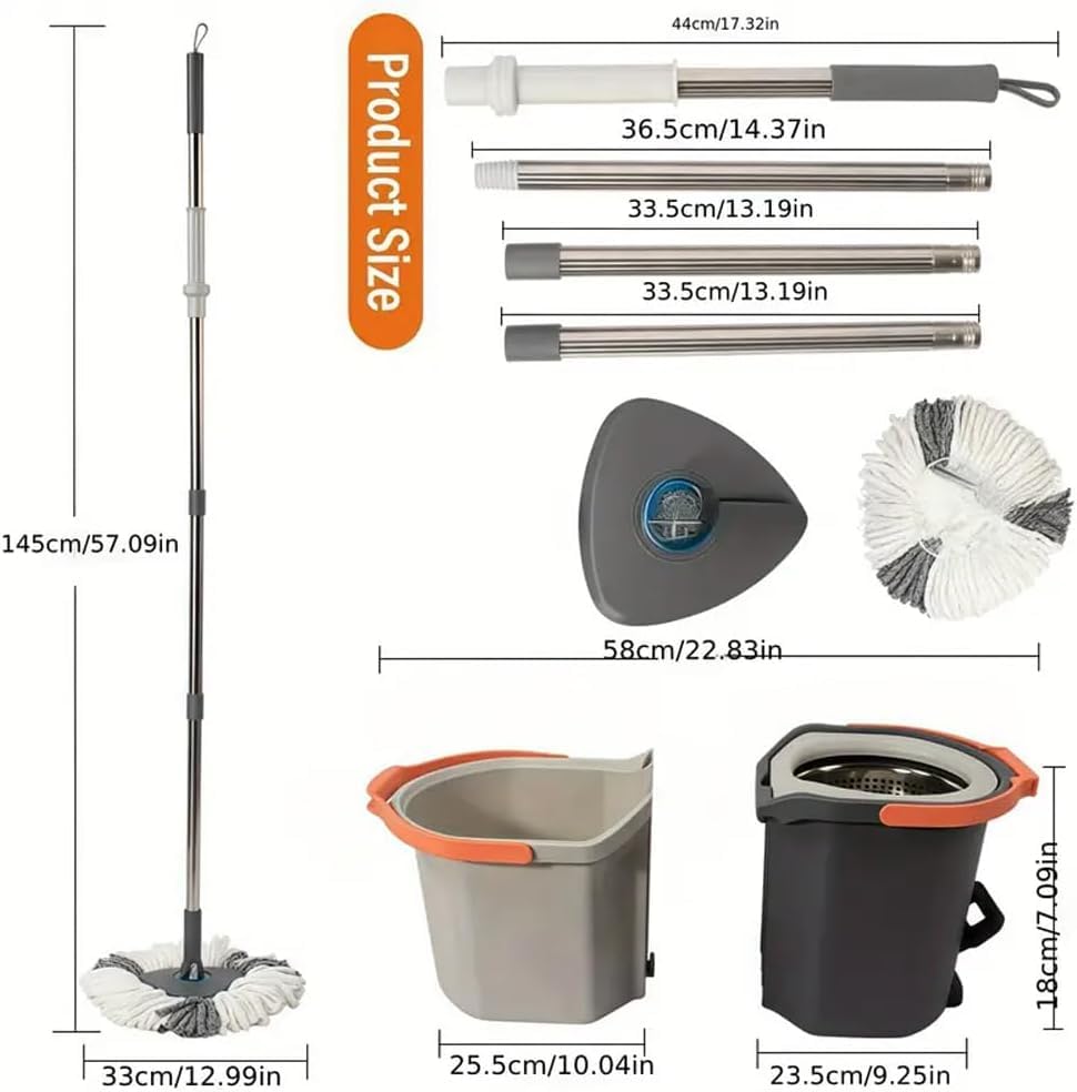 Image of EXVITO 360Spin Mop with Bucket|Dual Drive Floor Cleaning System with Stainless Steel Wringer|Super Absorbent Microfiber Heads 2 Refills Easy Self-Wringing MopSet for Home &Office - Pedal Grey