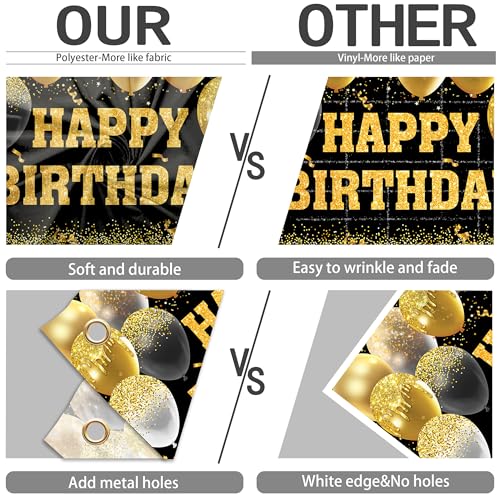 Image of Happy Birthday Decorations Backdrop 8 x 6 ft Golden Happy Birthday Banner Large Birthday Party Background for Men Women Kids Photo Shoot Supplies (Black, 8 * 6 ft)