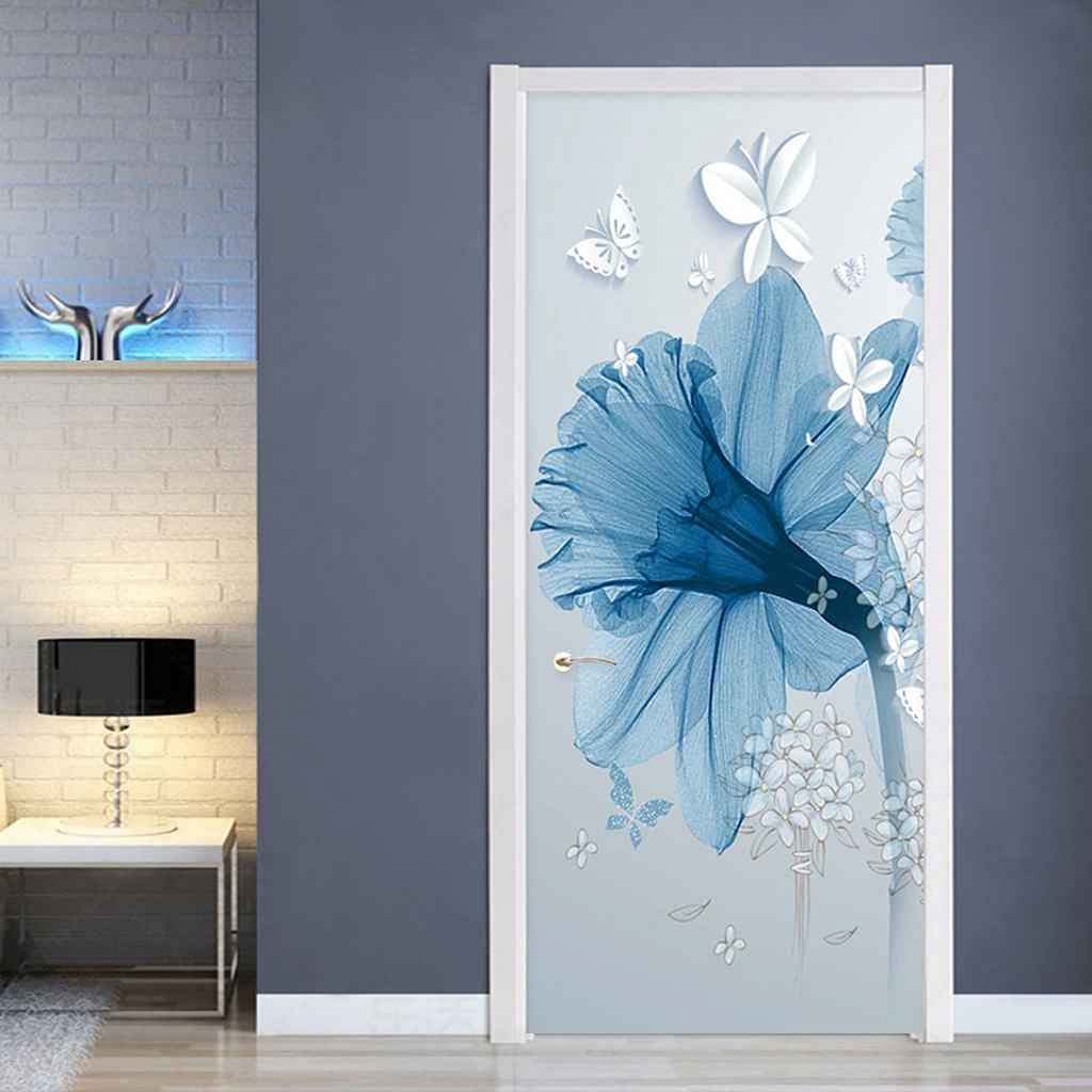 Adesivo Per Porte 3D Per Porte Interne, 77X200Cm Fiori Bianchi Alla Moda Fotomurali Autoadesivi Per Porte In Vinile, Carta Da Parati Soggiorno Cucina Camerette Art Applique
