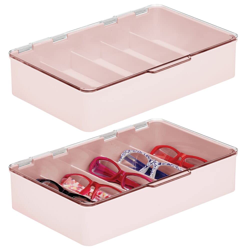 mDesignPlastic Stackable Eyeglass Case Storage Organizer with Hinged Lid for Unisex Sunglasses, Reading Glasses, Fashion Eye Wear, Protective Glasses, 5 Sections, Ligne Collection, 2 Pack, Light Pink