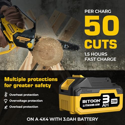 Image of BITOON 8-Inch Mini Chainsaw with 2PCS 3.0Ah Battery and Charger, Auto-Oiler, Brushless Cordless 8-Inch and 6-Inch 2-in-1 Pruning Chain Saw, Portable Electric Chainsaw for Cutting Wood, Branches Yellow