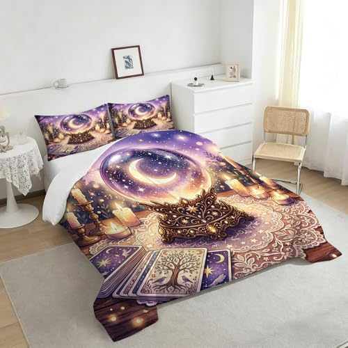 Image of Mystical Crystal Ball Bedding Set King Size, 3 Piece Soft Microfiber Comforter Set with Tarot and Moon Print, Includes 1 Comforter 2 Pillowcases for Witchy Bedroom Decor