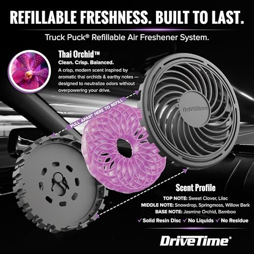 Image of Drive Time Truck Puck Thai Orchid Fragrancee Car Air Freshener - Long-Lasting Car Deodorizer, Refillable Vent & Visor Clip Auto Air Freshener for Car, Truck & SUV, Premium Fragrance, Pack of 3
