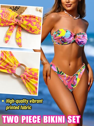 Women's Bandeau Tie-Back Bikini Sets, Cheeky Thong Swimsuits, Cute Floral Bathing Suit2