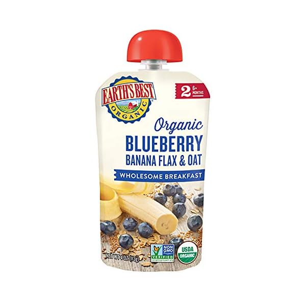 Earth's Best Organic Baby Food Pouches, Stage 2 Wholesome Breakfast Puree for Babies 6 Months and Older, Organic Banana Blueberry and Oat Puree, 3.5 oz Resealable Pouch (Pack of 12)