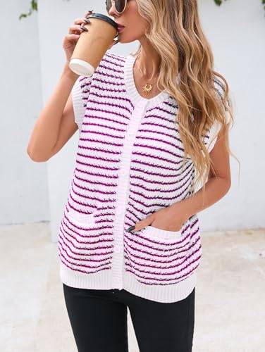 Famulily Womens Cap Sleeve Button Down Sweater Knit Top Summer Cute Striped Cardigan Sweaters with Patch Pockets3