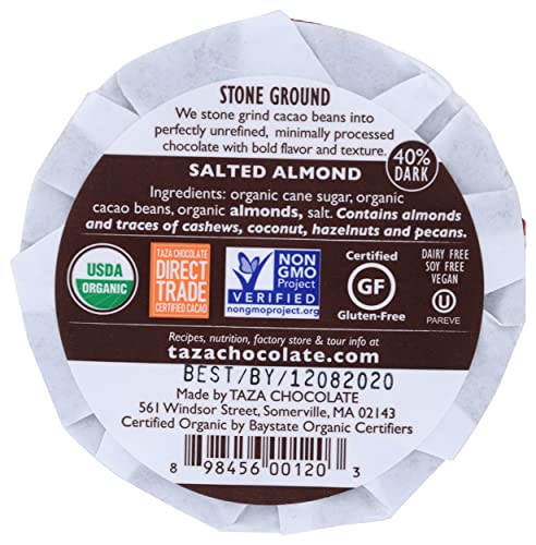 Taza Chocolate Organic Mexicano Disc 40% Dark Chocolate, Salted Almond, 2.7 Ounce (1 Count), Vegan #TOP1