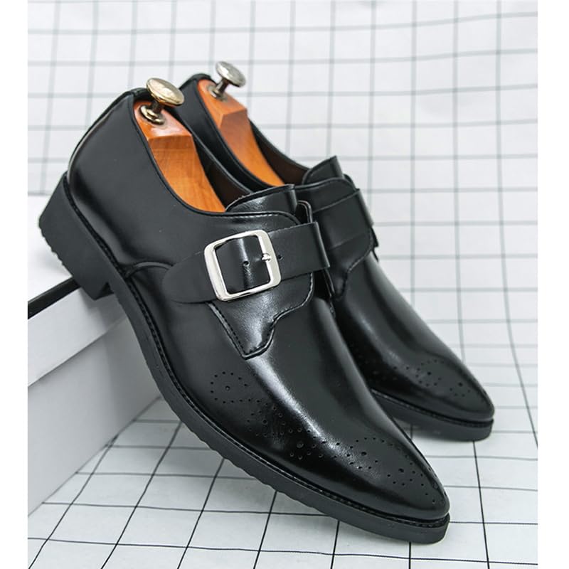 Men's Leather Monk Buckle Low Heel Dress Oxford Shoes Retro Round Toe Wing Tip Buckle Slip-On Flat Business Derby Shoes for Driving Office Work3