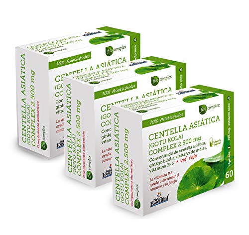 Centella asiática (complex) 2500 mg 60 cápsulas vegetales con castaño de indias, vid roja, ginkgo biloba y vitamina B-6. (Pack 3 Unid.)