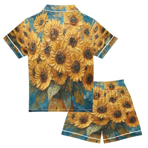 ALAZA Oil Painting Sunflower Leaf Floral Blue Satin Pajamas Set Short Sleeve Button Down Sleepwear Summer Pjs 2 Piece2