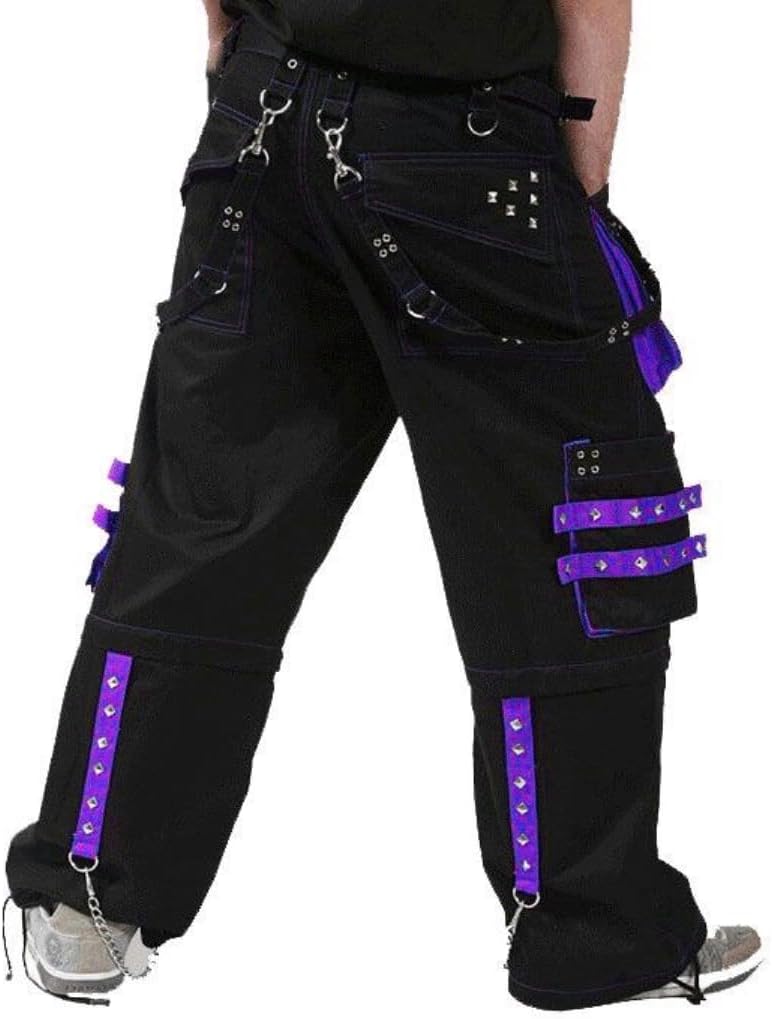 Black & Purple Chain Zip-Off Pants Gothic Cotton Studs Metal Punk Emo Trousers