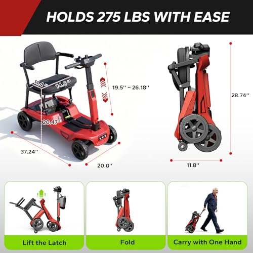 Image of Ultra Lightweight Foldable Electric Mobility Scooter for Adults & Seniors 24 Miles Range, 37.5 lbs Aluminum Frame, Airline Approved, Portable Red Scooter YL-985S