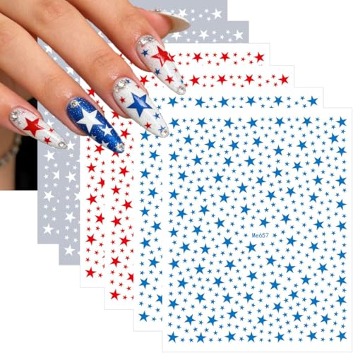 4th of July Nail Stickers - 6 Sheets Red White and Blue Star Nail Stickers 3D Patriotic Nail Decals Design - DIY Nail Decorations Manicure Accessories for Women