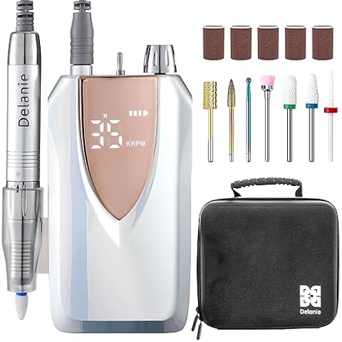 Delanie Brushless Nail Drill Machine 35000 RPM with Case, Professional Portable Rechargeable E-File Electric Nail FIle for Acrylic Gel Dip Powder Nail, Salon Nail Tool, Aurora Silver Cover