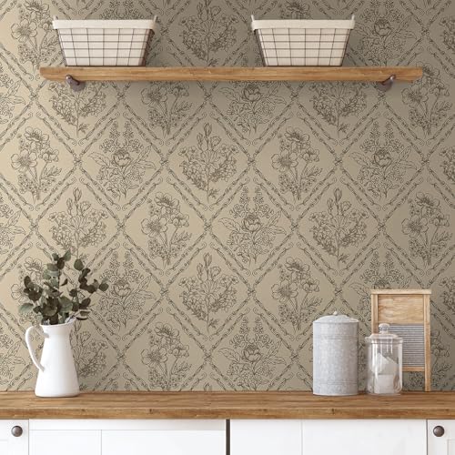 Toduso Peel and Stick Wallpaper Vintage Wall Paper Boho Contact Paper Neutral Removable Wallpaper for Kitchen Bathroom Bedroom Floral Waterproof Self Adhesive Vinyl Drawer Decor 17.3'x78.7'