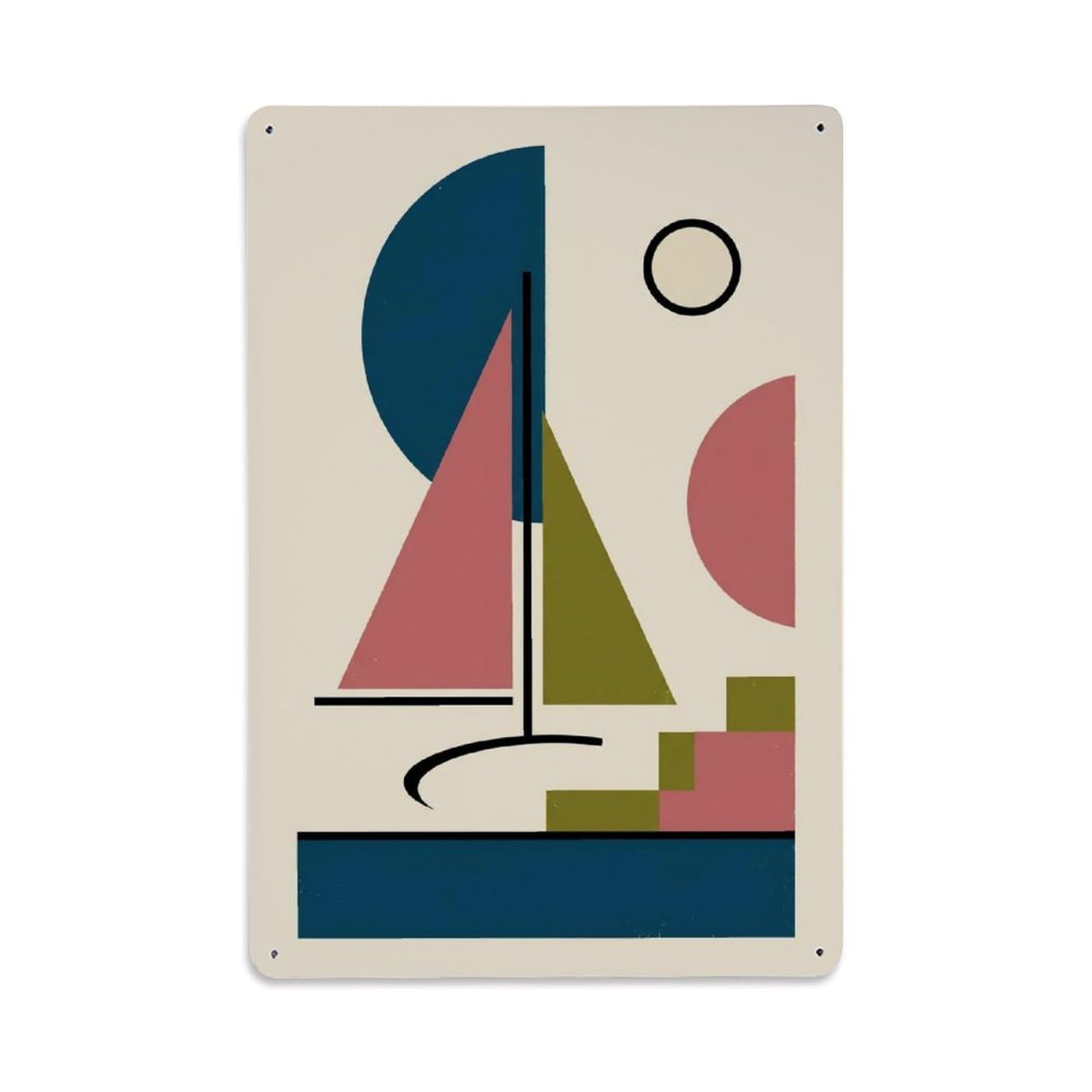 Coastal View Seaside Sailboat Retro Nautical Blocks Metal Tin Sign Plaque Wall Decor for Cafe, Man Cave, Club Bar, Office, Home Garden Round Metal Poster 8x12Inch