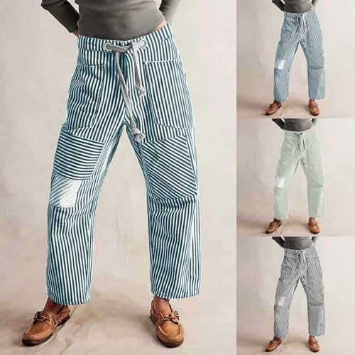 Pantalon de loisirs vintage à rayures et coupe ample en denim véritable