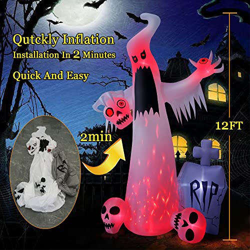 Hopoco 12 Ft Halloween Inflatables Outdoor Horror White Ghost, Giant Halloween Blow Up Yard Decorations Clearance For Party Yard Garden Holiday Ghost Skull Head Bleeding Eyeballs Tombstone #TOP5