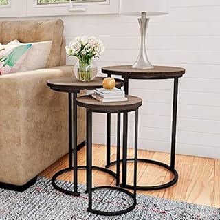 Set of 3 Round Vintage Wooden/Steel Nesting Side Coffee Tables Stacking Sofa Side Tables, Space Saving Coffee Tea Table for Hallway Living Room Bedroom Office Rustic Brown+Black, Round