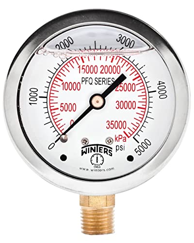 winters 2-1234 dial size liquid filled industrial pressure gauge brass internals stainless steel case dual scale 0-5000 psikpa 15 acc 1434 npt bottom mount glycerin filled pressure gauge