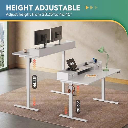 Image of DEVAISE 55 Inch Electric Standing Desk with Shelf, Adjustable Computer Desk for Home Office, with LED Touchscreen, Headphone Hook, 3 Memory Preset, with One-Piece Desktop, White