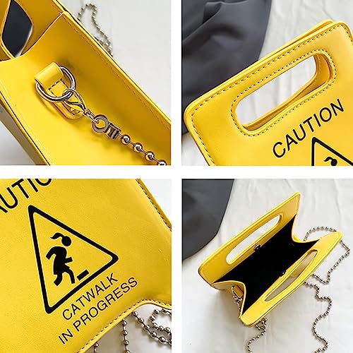 PU Creative Warning Sign Shoulder Crossbody Bag, Funny Caution Stop Sign Catwalk In Progress, Hop Metal Chain Storage Purse3