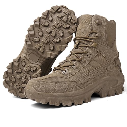 GHIBHNA Men'S Waterproof Work Boots with Side Zipper Round Toe Lace-Up Non-Slip Orthopedic Hiking Shoes Lightweight Outdoor Camping Motorcycle Combat Boots (brown,9)