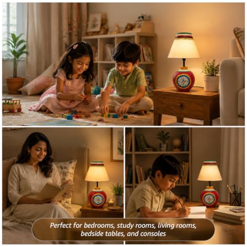 Image of Amazon Basics Warli Whispers Red Table Lamp | Hand-Painted Terracotta Kalash Base with Polyester Shade | E14 Holder | Decorative Night Lamp for Bedroom, Living Room & Study Room | Home Decor Gift