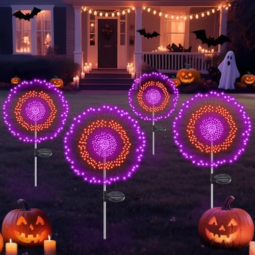 Solar Halloween Lights Outdoor, 4 Pack 720 LED Orange & Purple Firework Lights with 8 Modes & Timer Waterproof for Garden Yard Patio Pathway Spooky Halloween Decorations