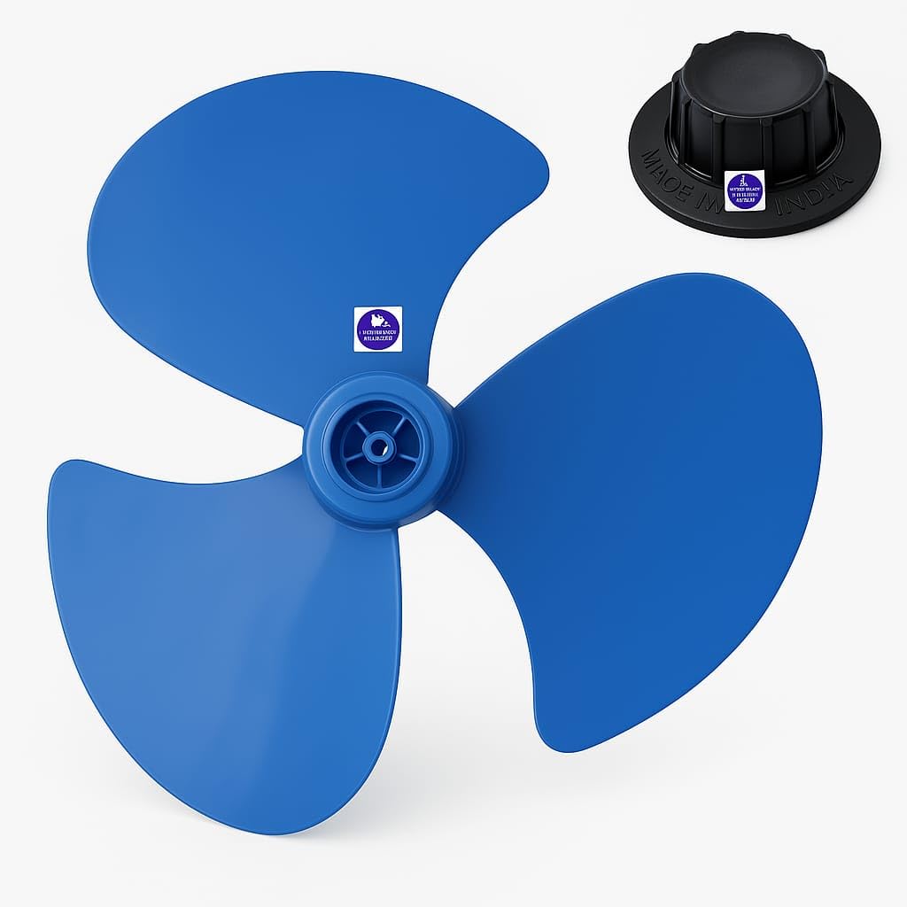 3 Leaf fan Blade & Fixing Cap its a Plastic Meterial Blue & Black Colour Suitable for Multi Brand 400mm sweep,Table,Pedestal,Wall Fan, 8mm Shaft Hole Diameter.-image-0